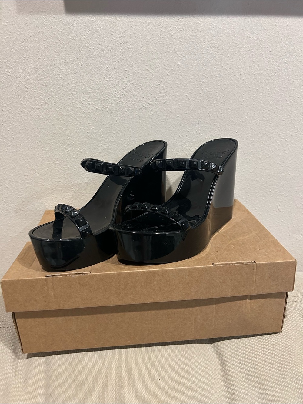 Black Platform Wedge Sandals with Studded Straps Carmen Sol